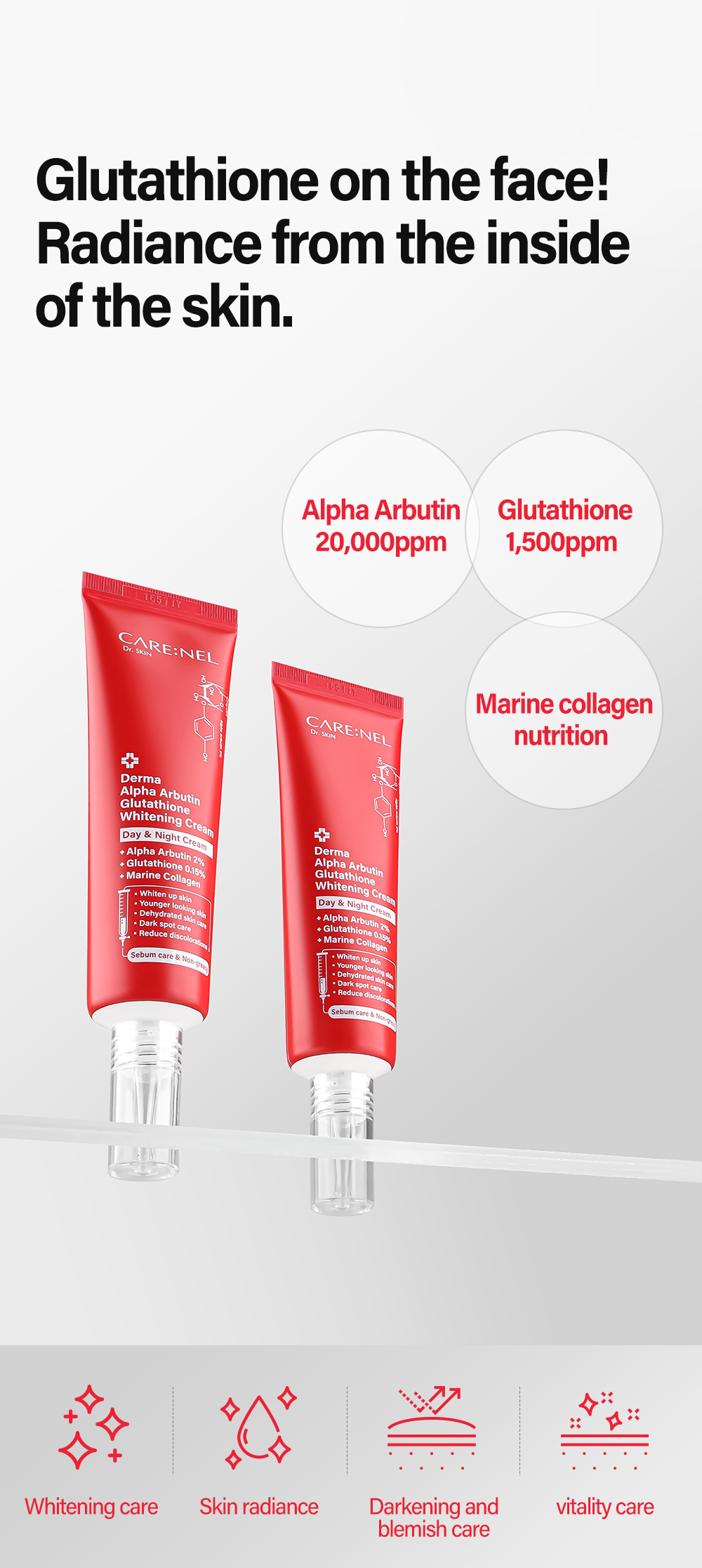 care nel derma alpha arbutin glutathione whitening cream Safe Skin Brightening Solution!😍 🌟 Introducing CARE:NEL Derma Alpha  Arbutin Glutathione Whitening Cream (45ml) – your skin's new BFF. 💖 ✨  Brightens & evens out skin tone 🌙 Works day and night main image 1